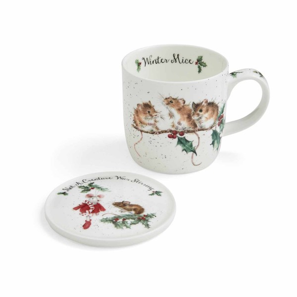 Royal Worcester Wrendale Designs WNMZ3943-XG Set 2-tlg. Becher 0,31l mit Untersetzer - Winter Mice