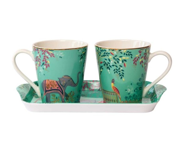 Portmeirion Sara Miller India X0011659221 Mug &amp; Tray Set 3tlg. - Elephant's Oasis - Light Jade
