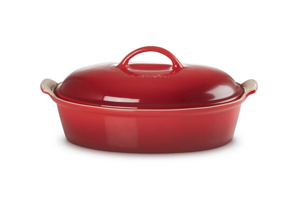Le Creuset Steinzeug 91001404060000 Auflaufform oval Tradition mit Deckel 36cm 3,8L - Kirschrot