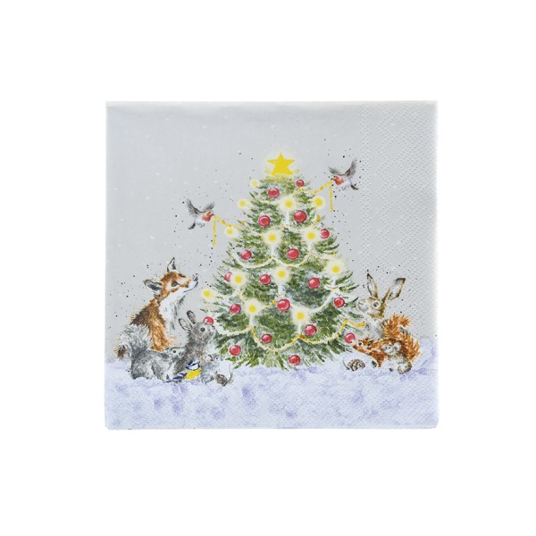 Wrendale Servietten K038 &quot;Oh Christmas Tree&quot; - Waldtiere - Cocktail Servietten 24x24cm