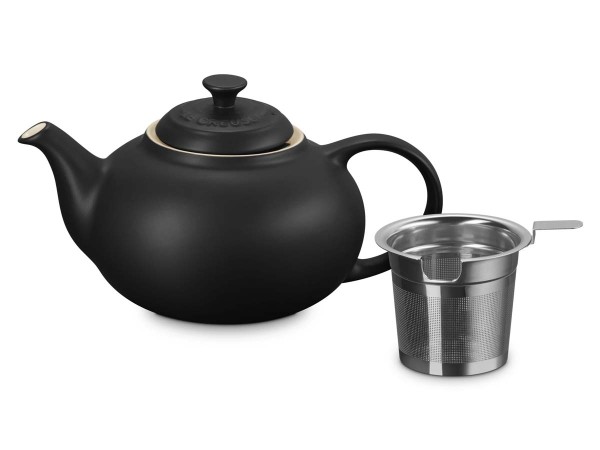 Le Creuset Steinzeug 70704000000009 Teekanne mit Edelstahl-Siebeinsatz 1,3L - Schwarz Matt